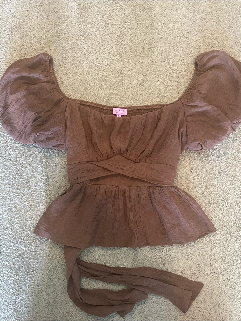 miami Puff Sleeve Peplum Wrap Top in Brown